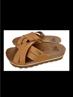 Reef Kaia Cross Platform Cork Sandal Slide Tan Synthetic Leather Women US 5 EU35